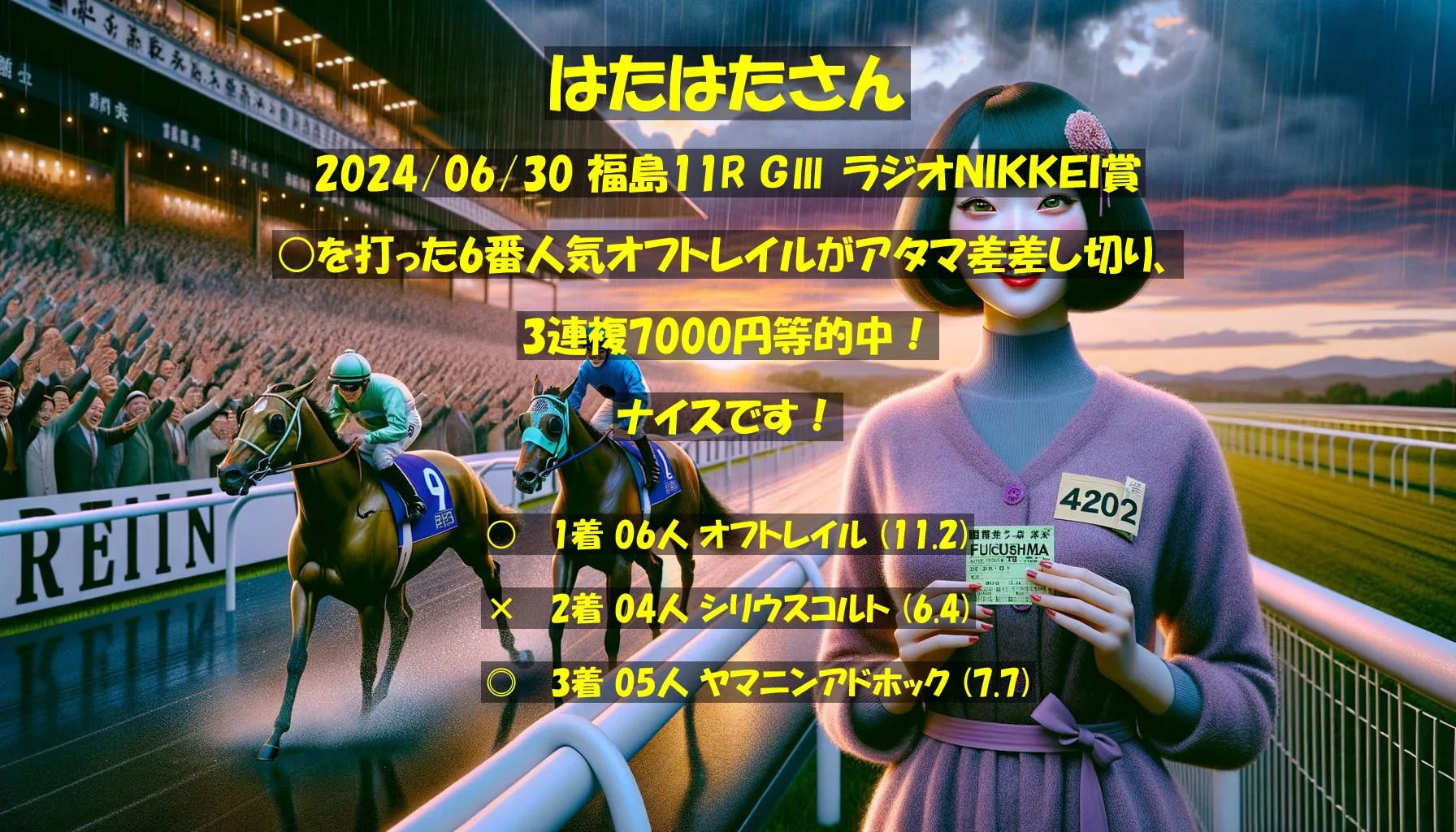 はたはたさん2024/06/30 福島11R的中 424%回収 はたはたさん2024/06/30 福島11R的中 424%回収