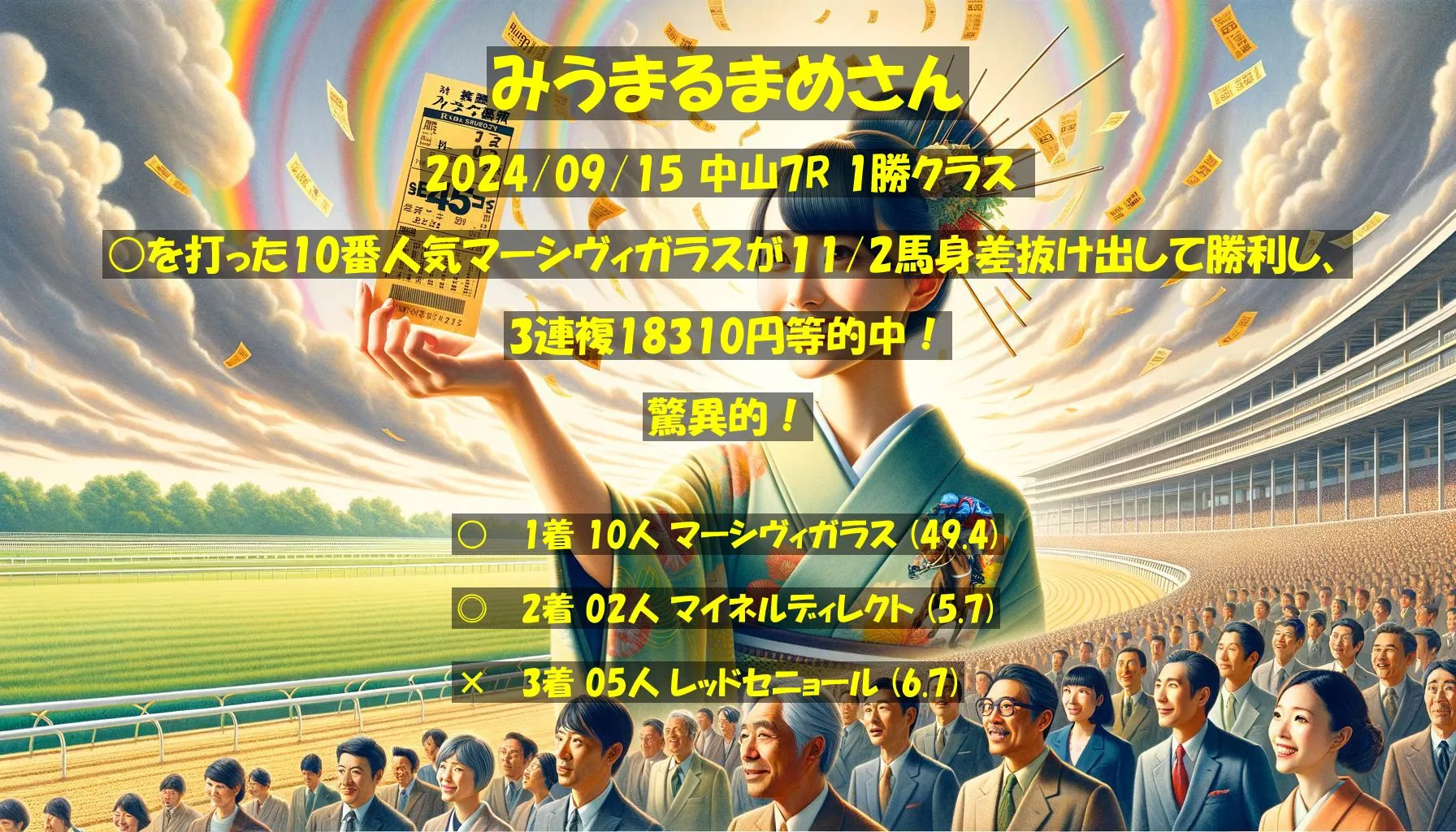 みうまるまめさん2024/09/15&nbsp;中山07R的中 2295%回収