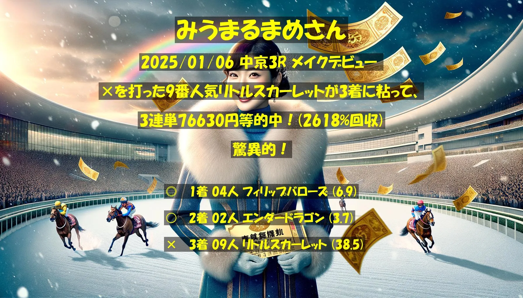 みうまるまめさん2025/01/06&nbsp;中京03R的中 2618%回収