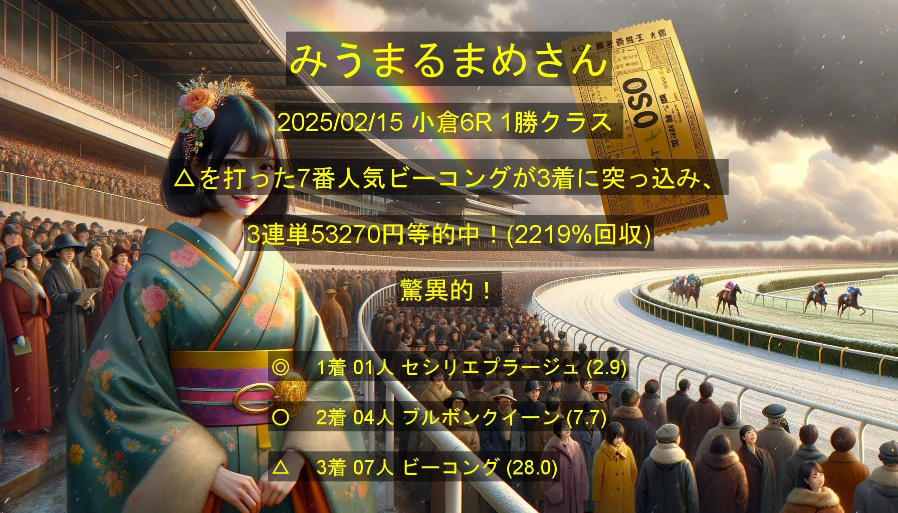 みうまるまめさん2025/02/15&nbsp;小倉06R的中 2219%回収