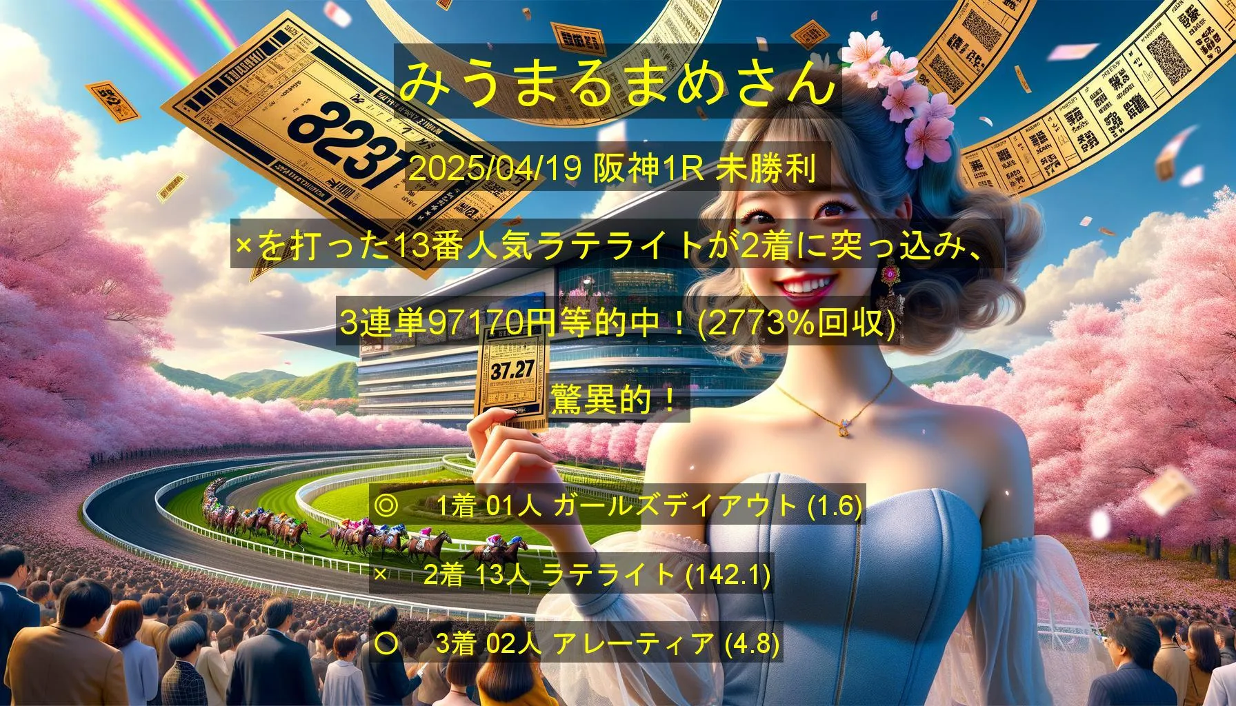みうまるまめさん2025/04/19&nbsp;阪神01R的中 2773%回収