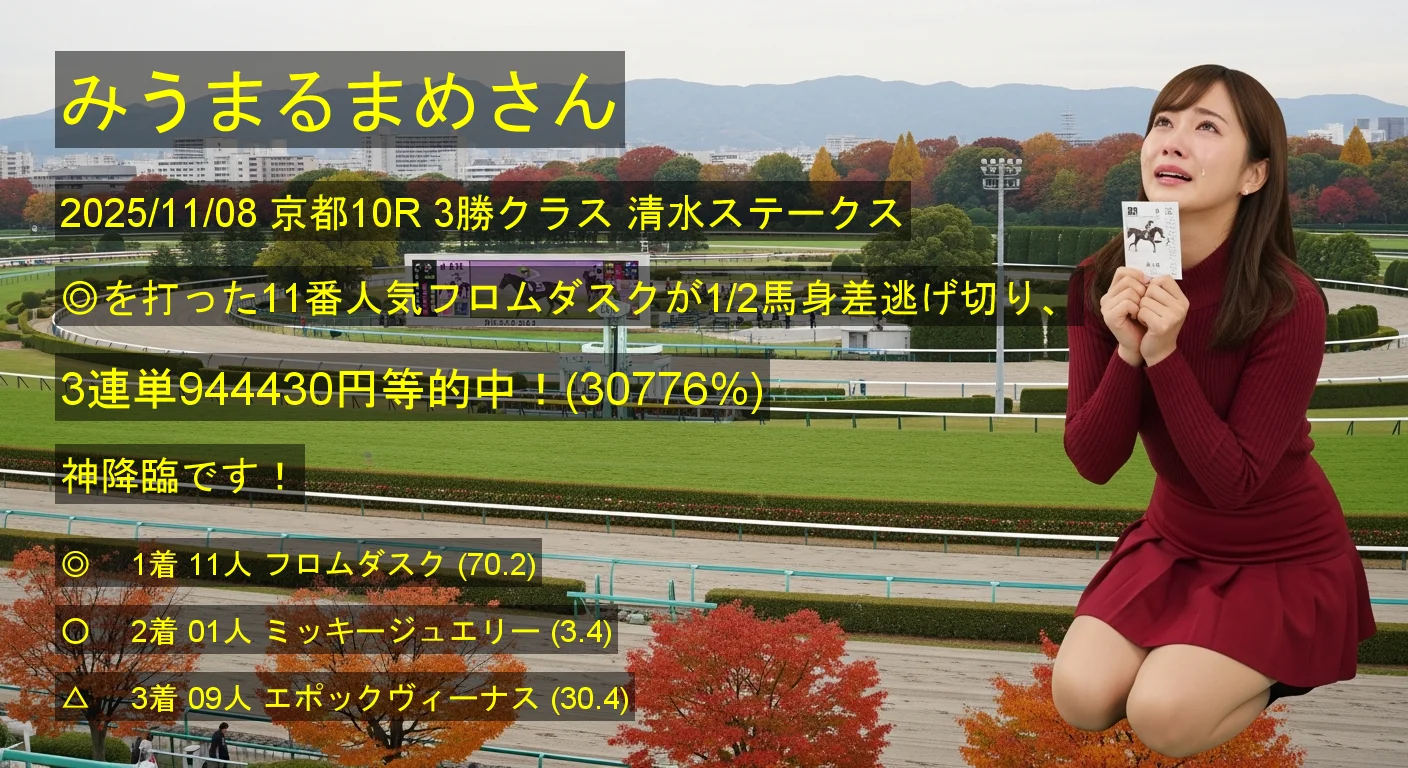 みうまるまめさん2025/11/08&nbsp;京都10R的中 30776%回収
