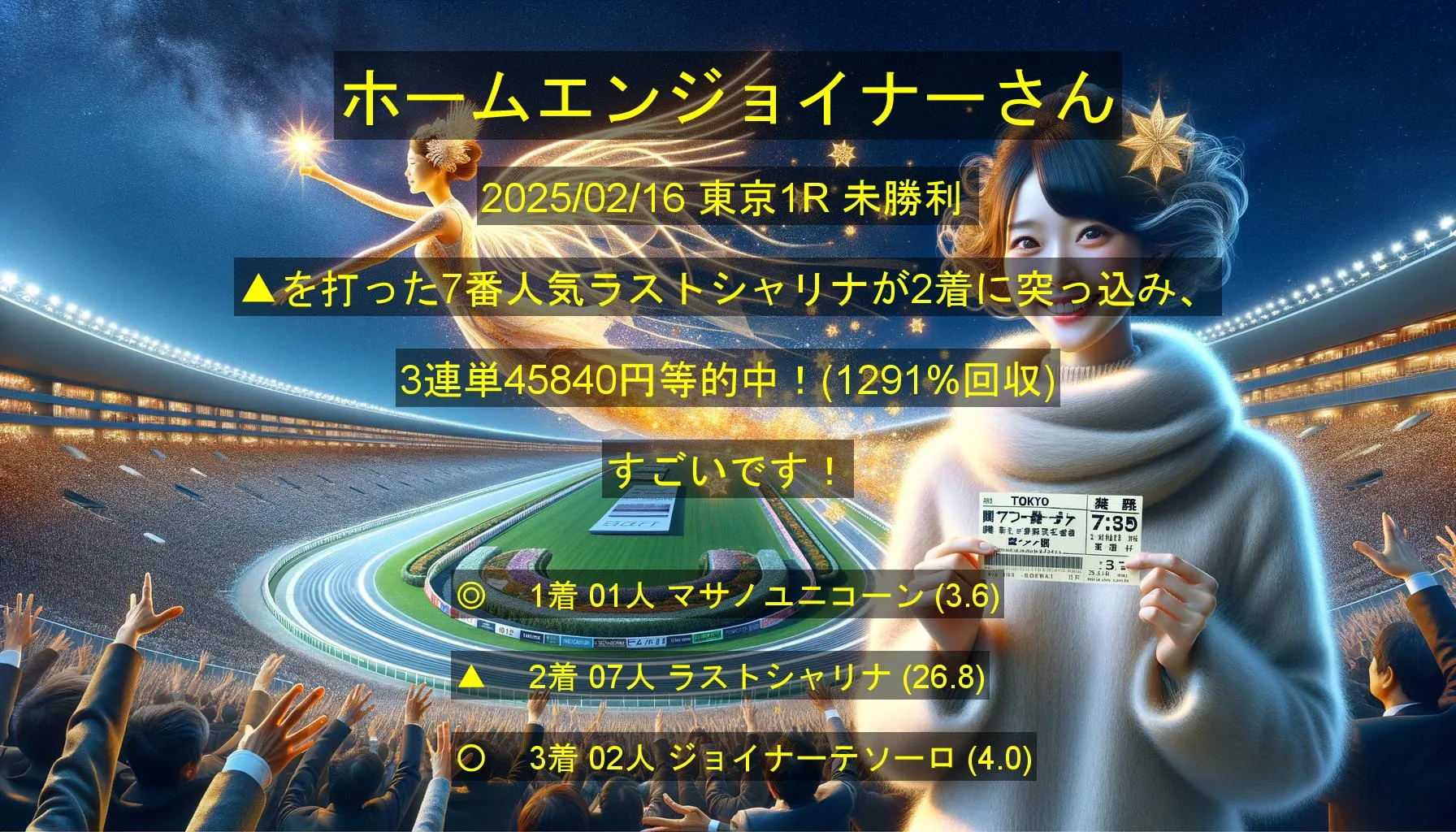 ホームエンジョイナーさん2025/02/16 東京01R的中 1291%回収 ホームエンジョイナーさん2025/02/16 東京01R的中 1291%回収