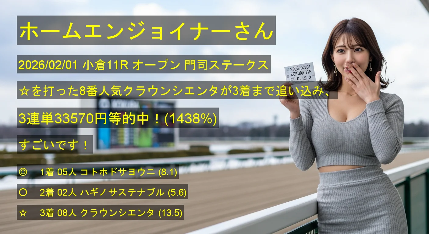 ホームエンジョイナーさん2026/02/01&nbsp;小倉11R的中 1438%回収