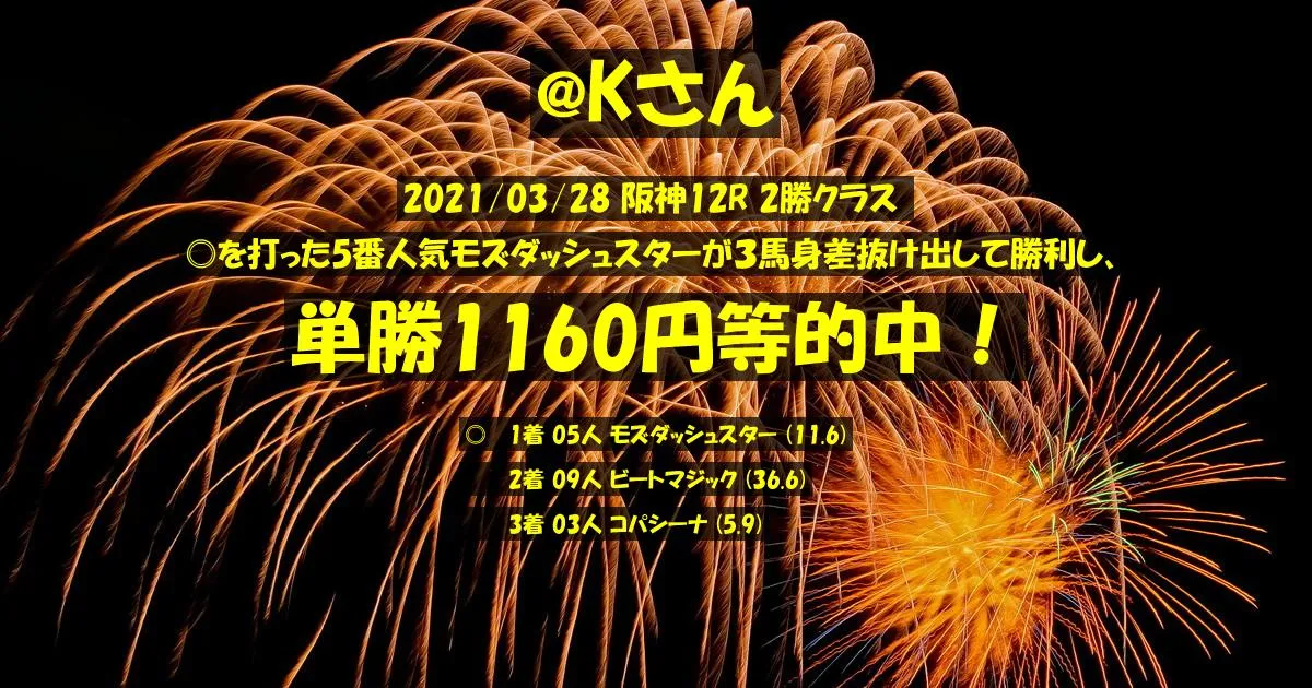 @Kさん2021/03/28&nbsp;阪神12R的中 333%回収