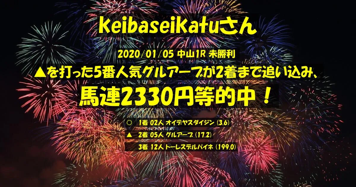 keibaseikatuさん2020/01/05&nbsp;中山01R的中 437%回収