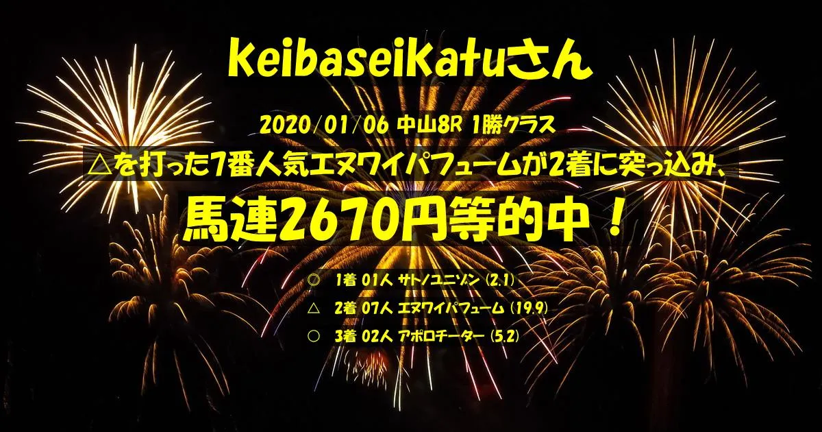 keibaseikatuさん2020/01/06&nbsp;中山08R的中 360%回収