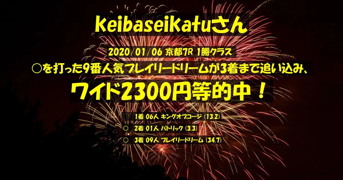 keibaseikatuさん2020/01/06&nbsp;京都07R的中 359%回収