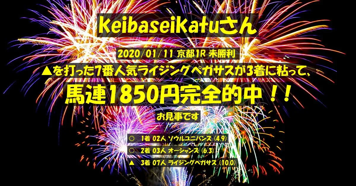 keibaseikatuさん2020/01/11&nbsp;京都01R的中 520%回収
