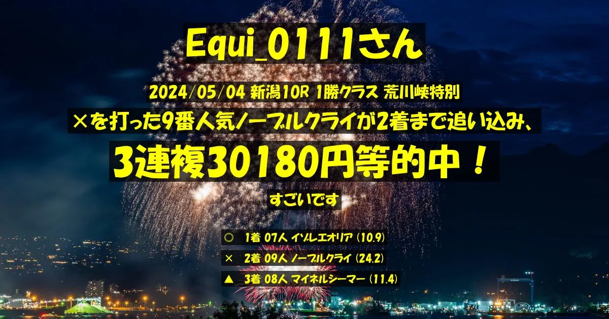 Equi_0111さん2024/05/04&nbsp;新潟10R的中 1001%回収