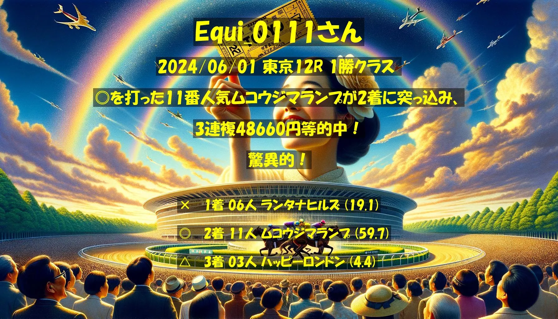Equi_0111さん2024/06/01&nbsp;東京12R的中 2339%回収