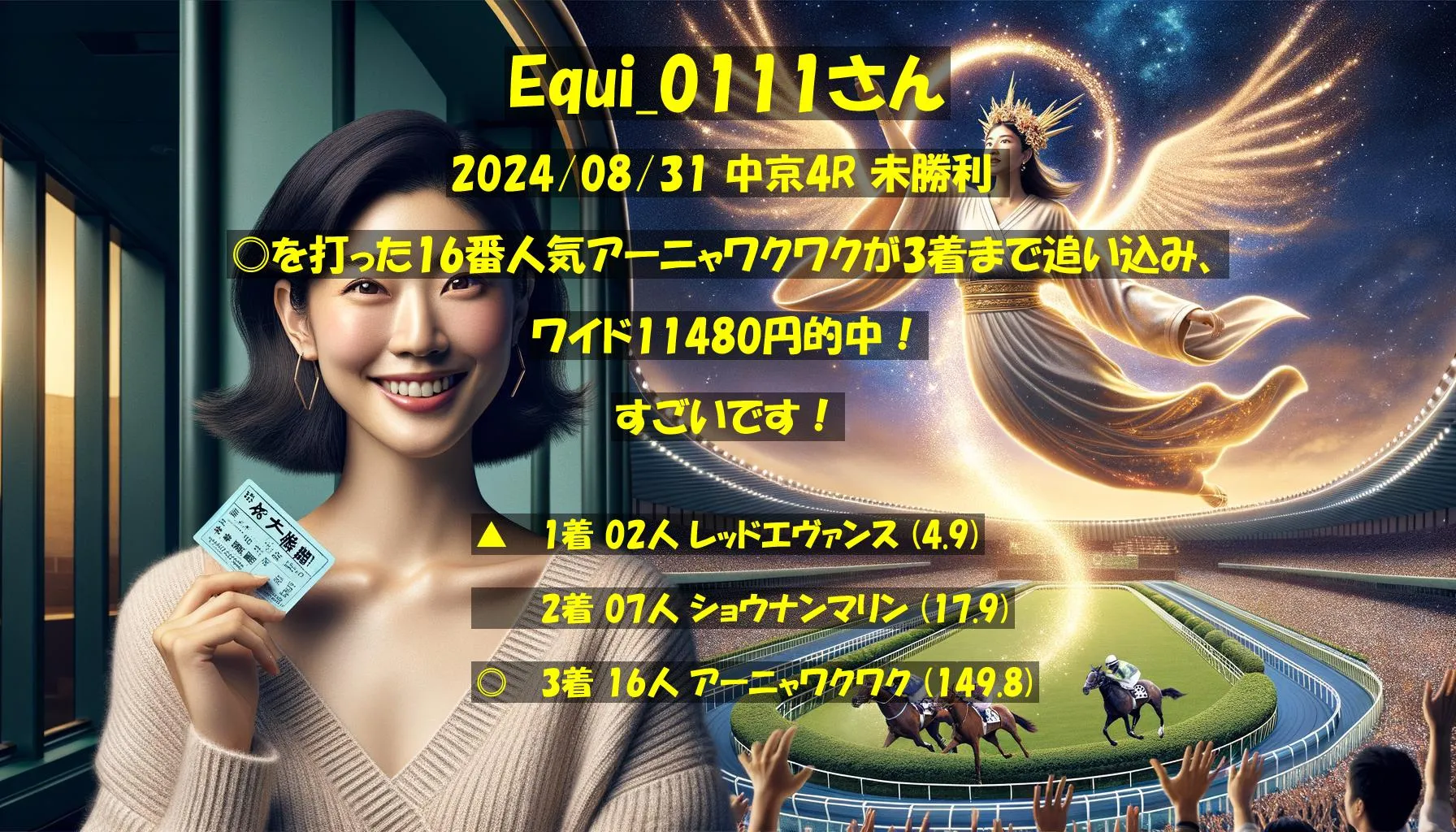 Equi_0111さん2024/08/31&nbsp;中京04R的中 1230%回収