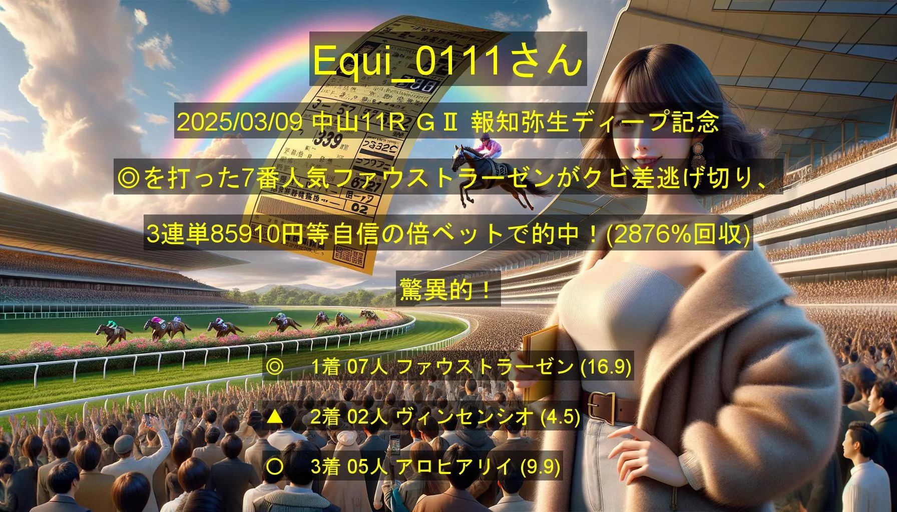 Equi_0111さん2025/03/09&nbsp;中山11R的中 2876%回収