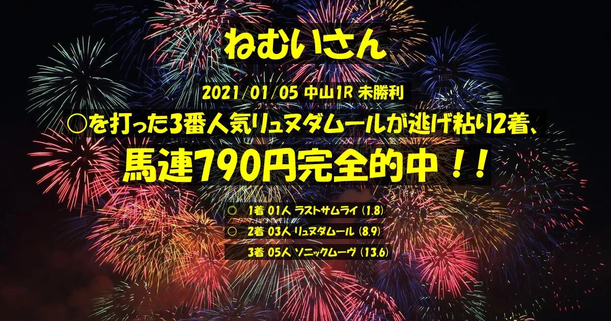 ねむいさん2021/01/05&nbsp;中山01R的中 338%回収