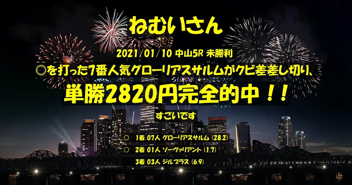 ねむいさん2021/01/10&nbsp;中山05R的中 1356%回収