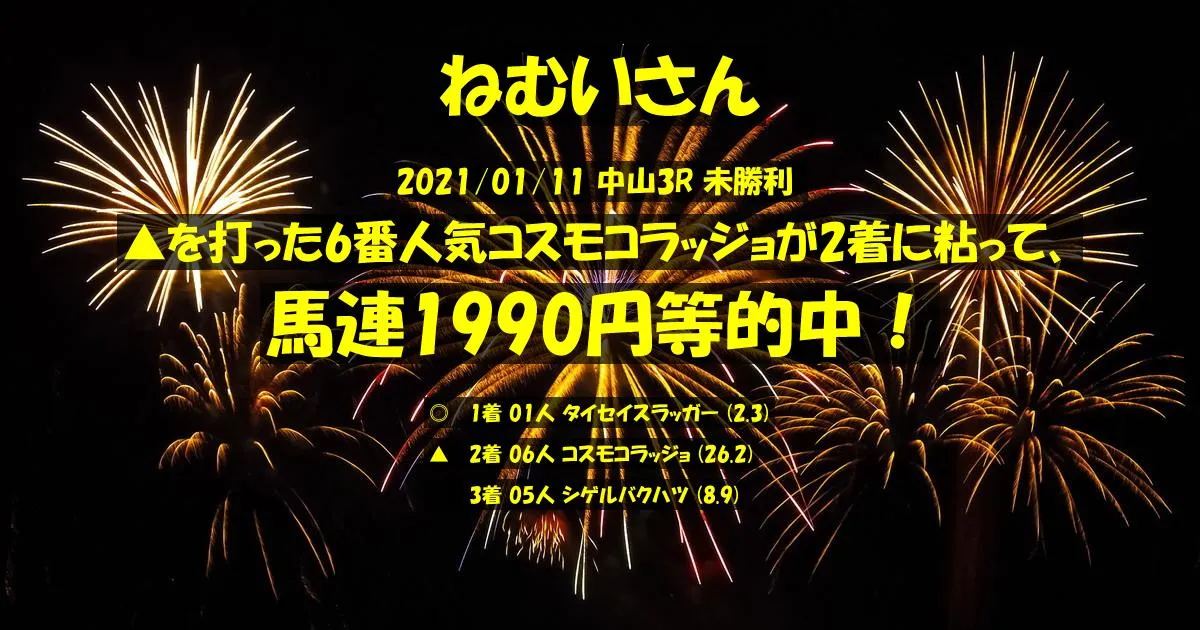 ねむいさん2021/01/11&nbsp;中山03R的中 400%回収