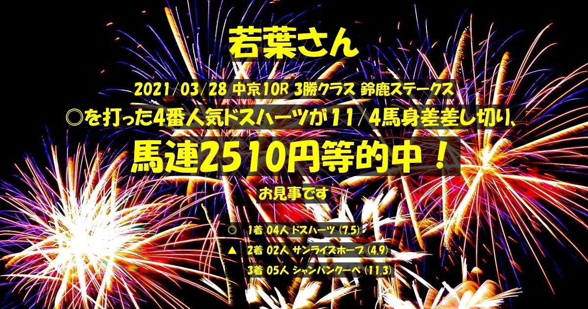 若葉さん2021/03/28&nbsp;中京10R的中 559%回収