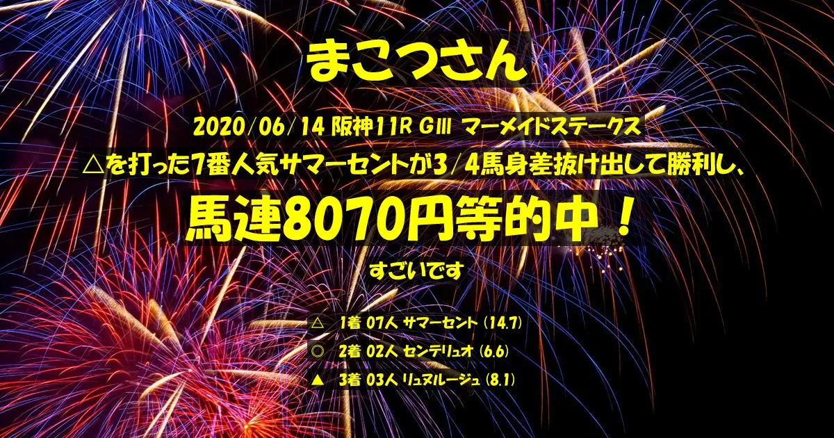 まこつさん2020/06/14&nbsp;阪神11R的中 1196%回収