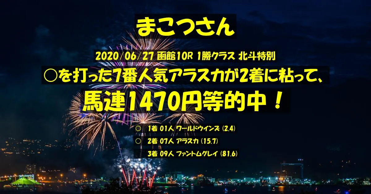 まこつさん2020/06/27&nbsp;函館10R的中 404%回収