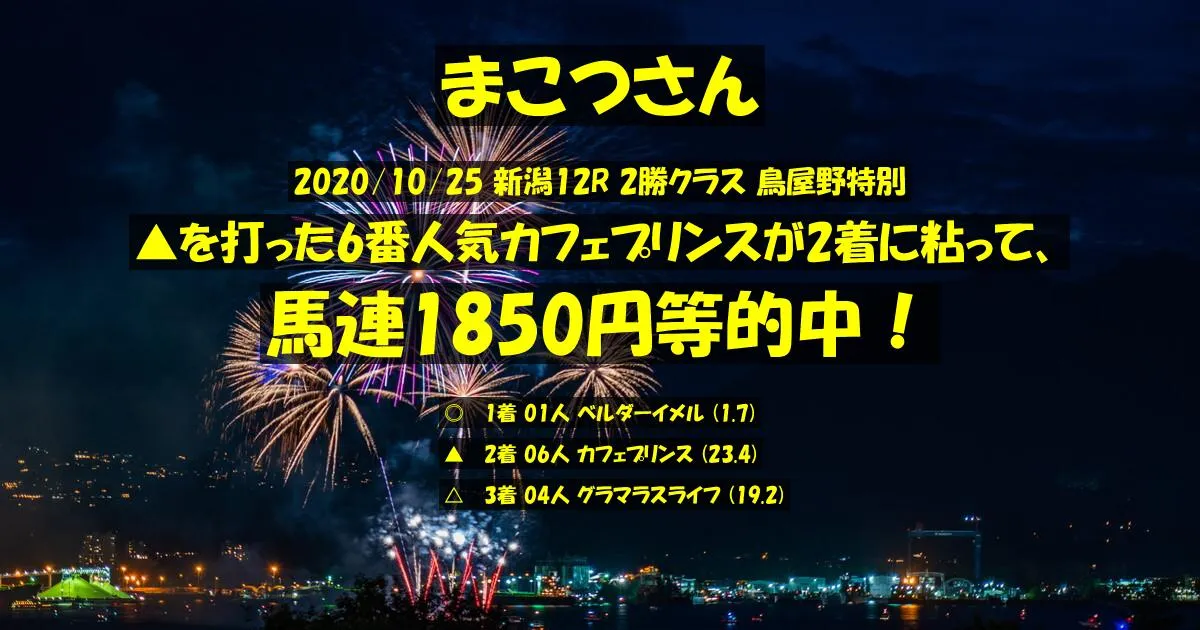 まこつさん2020/10/25&nbsp;新潟12R的中 424%回収