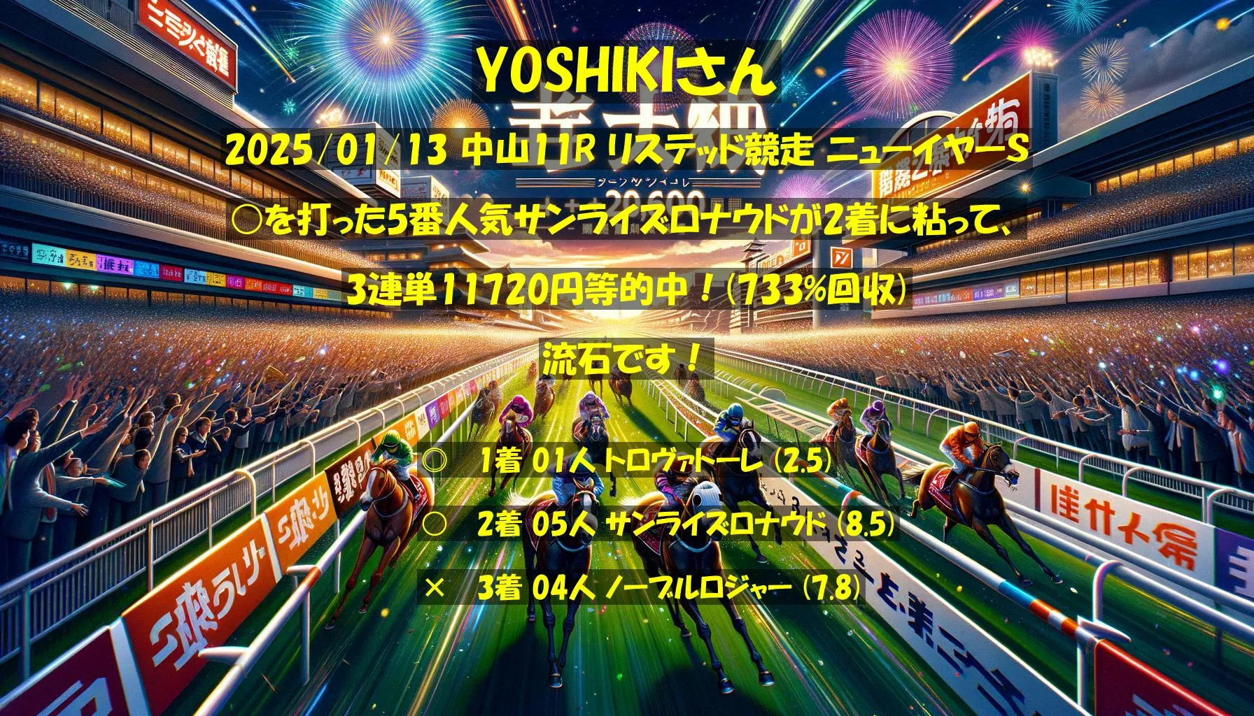 YOSHIKIさん2025/01/13&nbsp;中山11R的中 733%回収