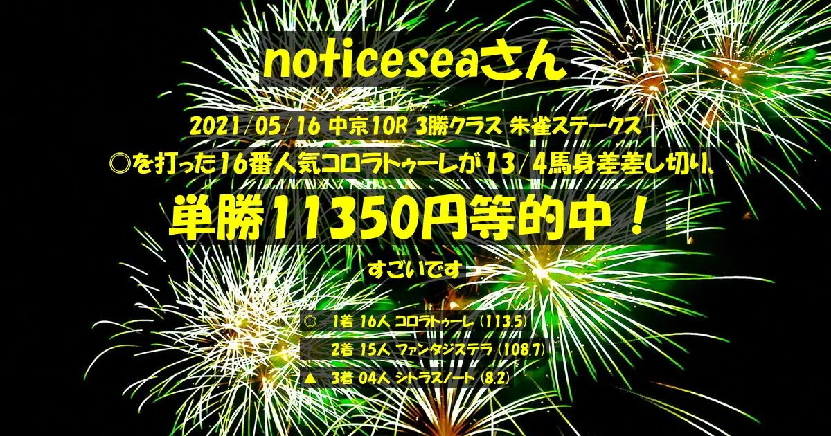 noticeseaさん2021/05/16&nbsp;中京10R的中 2796%回収