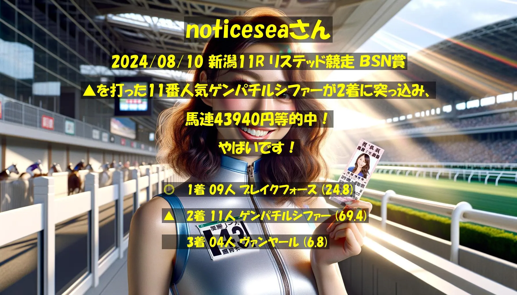 noticeseaさん2024/08/10&nbsp;新潟11R的中 5210%回収