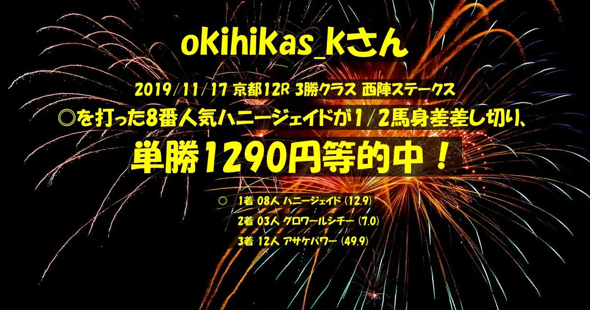 okihikas_kさん2019/11/17&nbsp;京都12R的中 350%回収