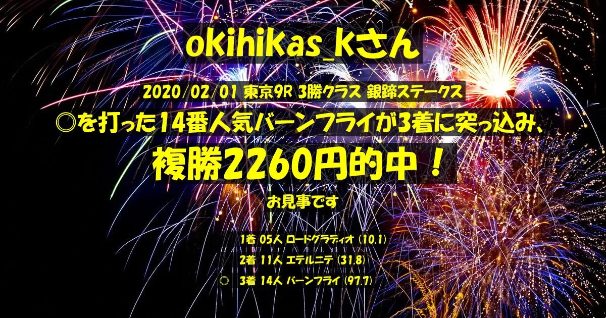 okihikas_kさん2020/02/01&nbsp;東京09R的中 565%回収