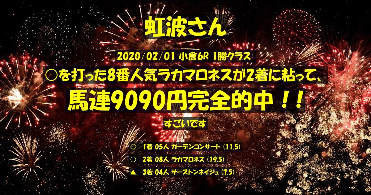 虹波さん2020/02/01&nbsp;小倉06R的中 2472%回収