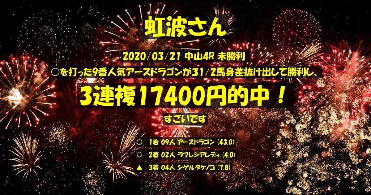 虹波さん2020/03/21&nbsp;中山04R的中 2486%回収