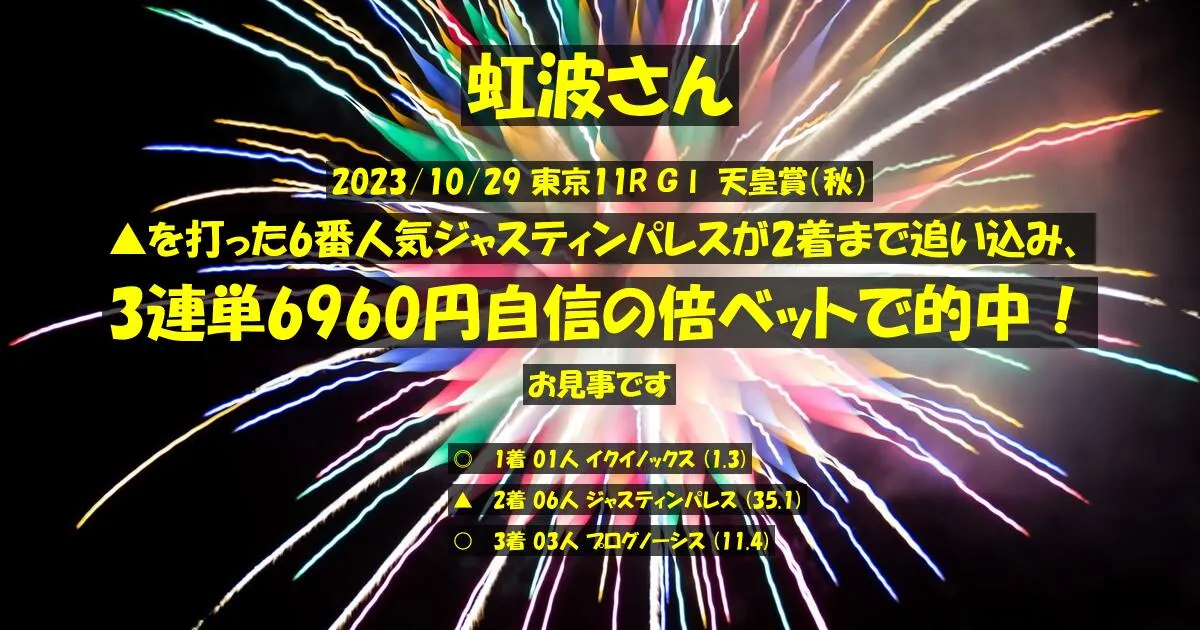 虹波さん2023/10/29&nbsp;東京11R的中 580%回収