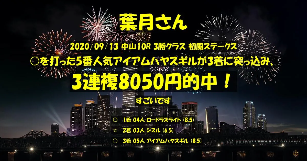 葉月さん2020/09/13&nbsp;中山10R的中 1150%回収