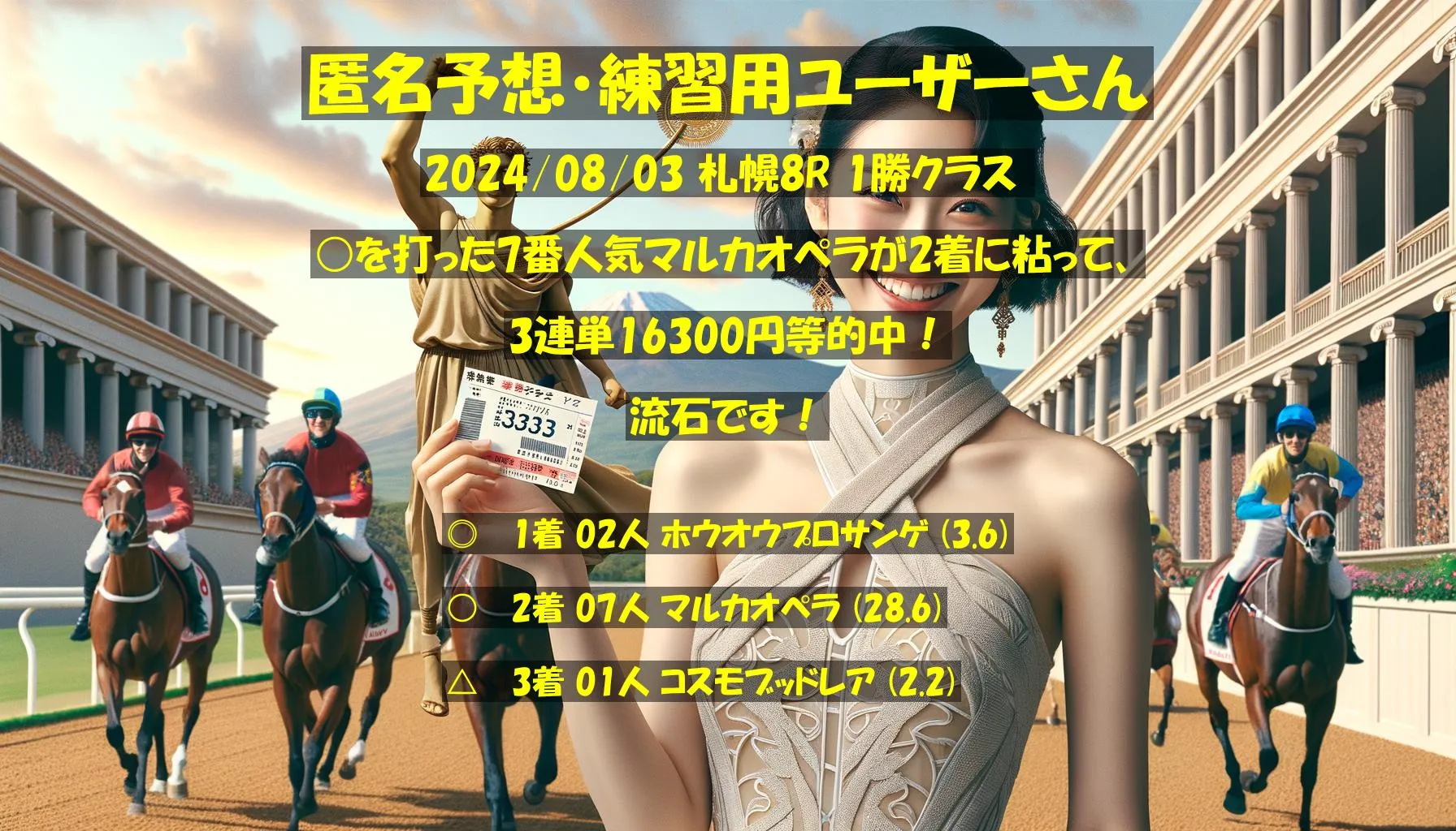 匿名予想・練習用ユーザーさん2024/08/03&nbsp;札幌08R的中 976%回収