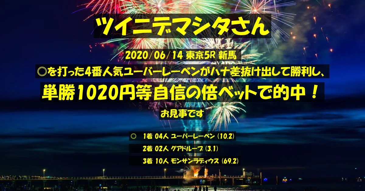ツイニデマシタさん2020/06/14&nbsp;東京05R的中 630%回収