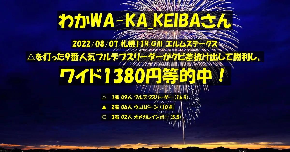 わかWA-KA_KEIBAさん2022/08/07&nbsp;札幌11R的中 332%回収
