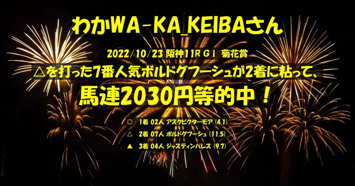 わかWA-KA_KEIBAさん2022/10/23&nbsp;阪神11R的中 398%回収