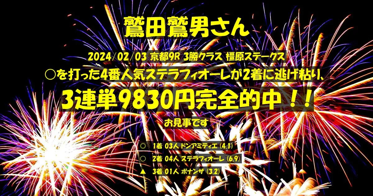 鷲田鷲男さん2024/02/03&nbsp;京都09R的中 540%回収