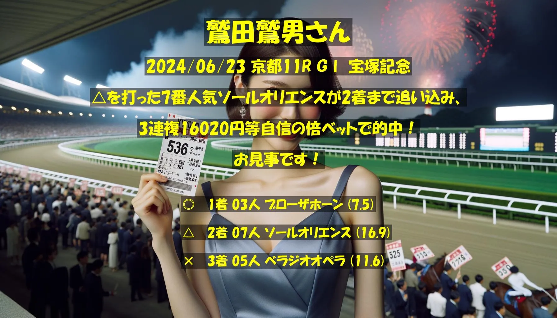 鷲田鷲男さん2024/06/23&nbsp;京都11R的中 607%回収