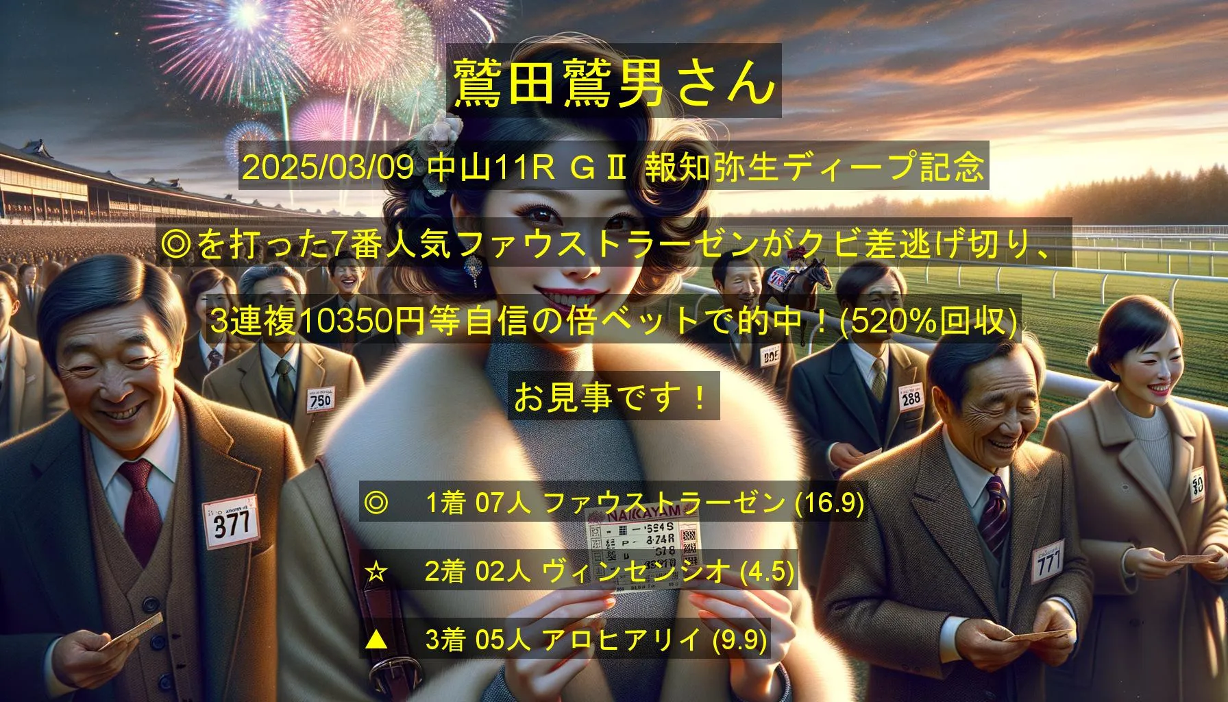 鷲田鷲男さん2025/03/09&nbsp;中山11R的中 520%回収