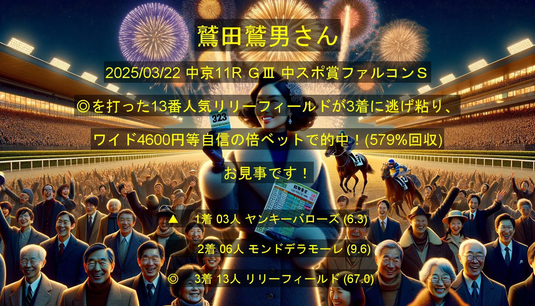 鷲田鷲男さん2025/03/22&nbsp;中京11R的中 579%回収
