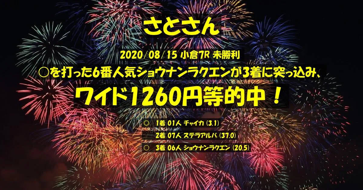 さとさん2020/08/15&nbsp;小倉07R的中 312%回収