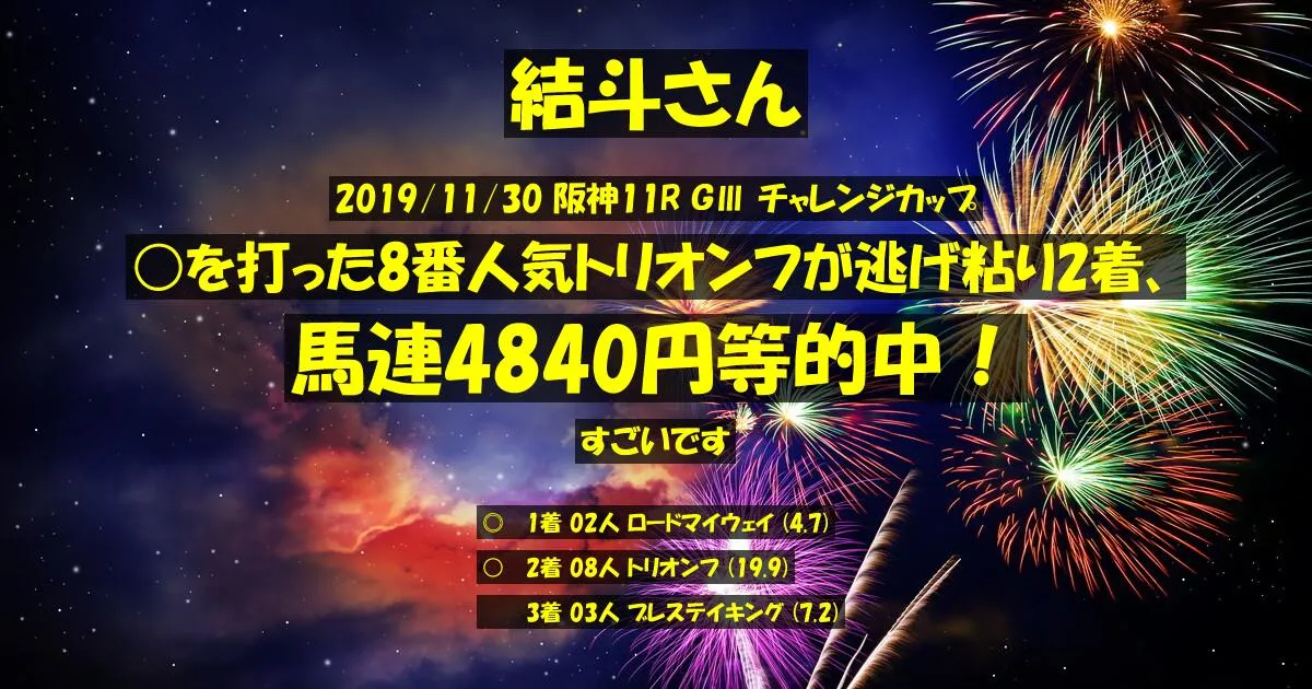 結斗さん2019/11/30&nbsp;阪神11R的中 1060%回収