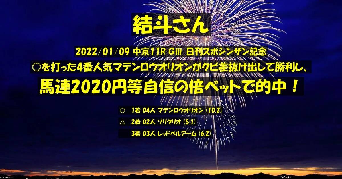 結斗さん2022/01/09&nbsp;中京11R的中 469%回収