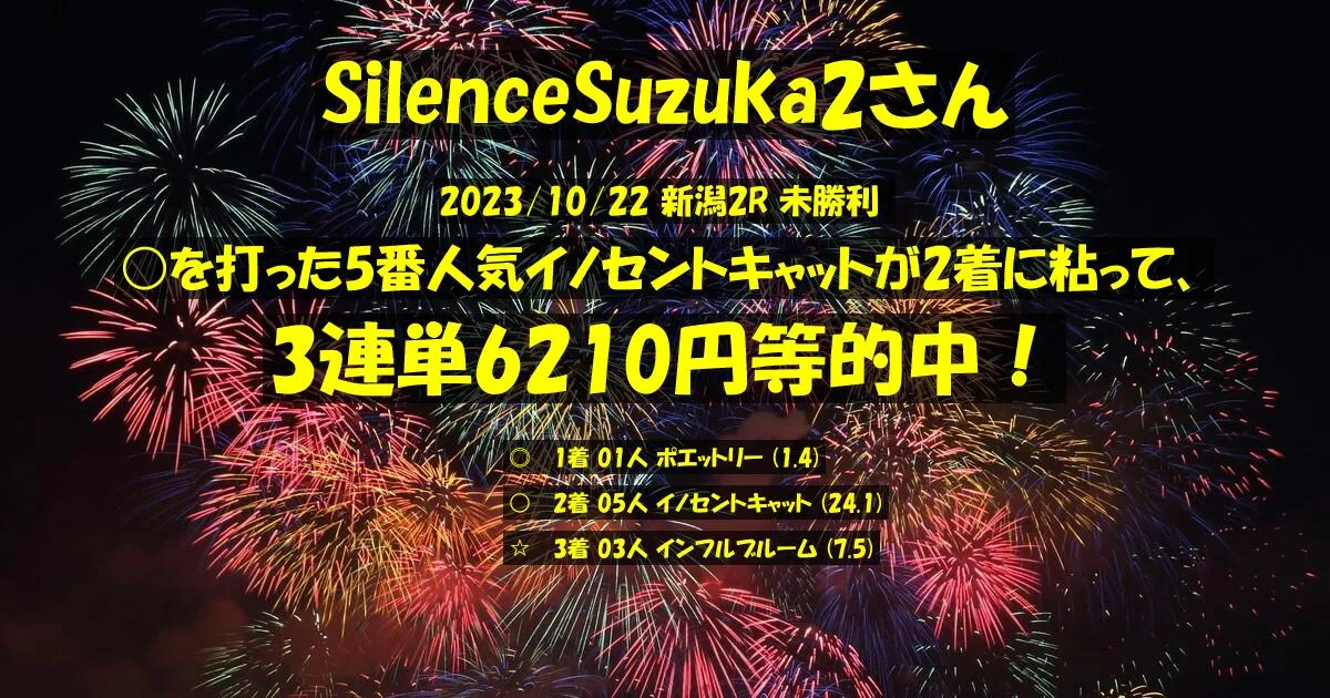 SilenceSuzuka2さん2023/10/22&nbsp;新潟02R的中 373%回収