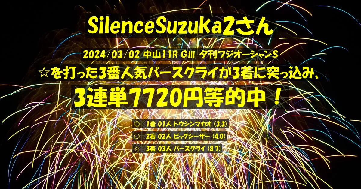 SilenceSuzuka2さん2024/03/02&nbsp;中山11R的中 406%回収