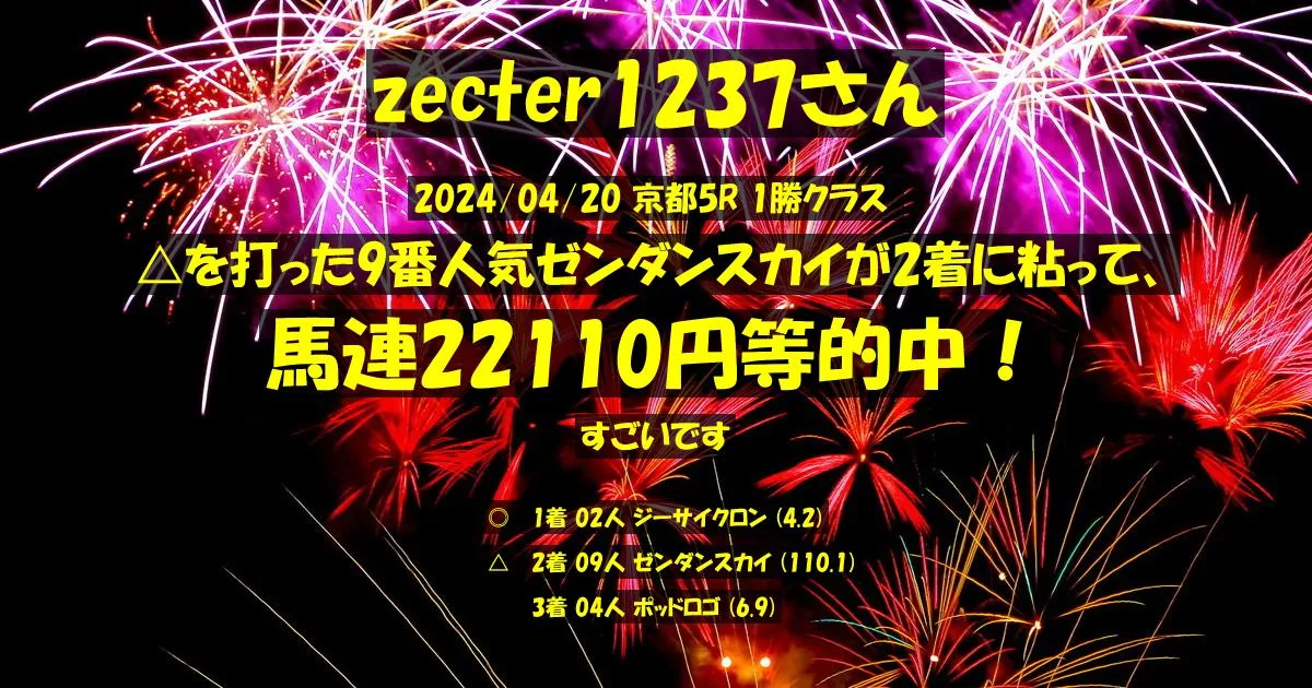 zecter1237さん2024/04/20&nbsp;京都05R的中 1994%回収