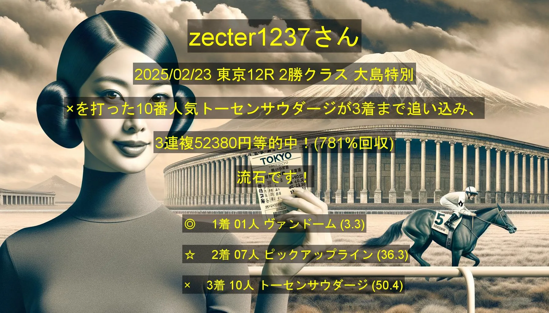 zecter1237さん2025/02/23&nbsp;東京12R的中 781%回収