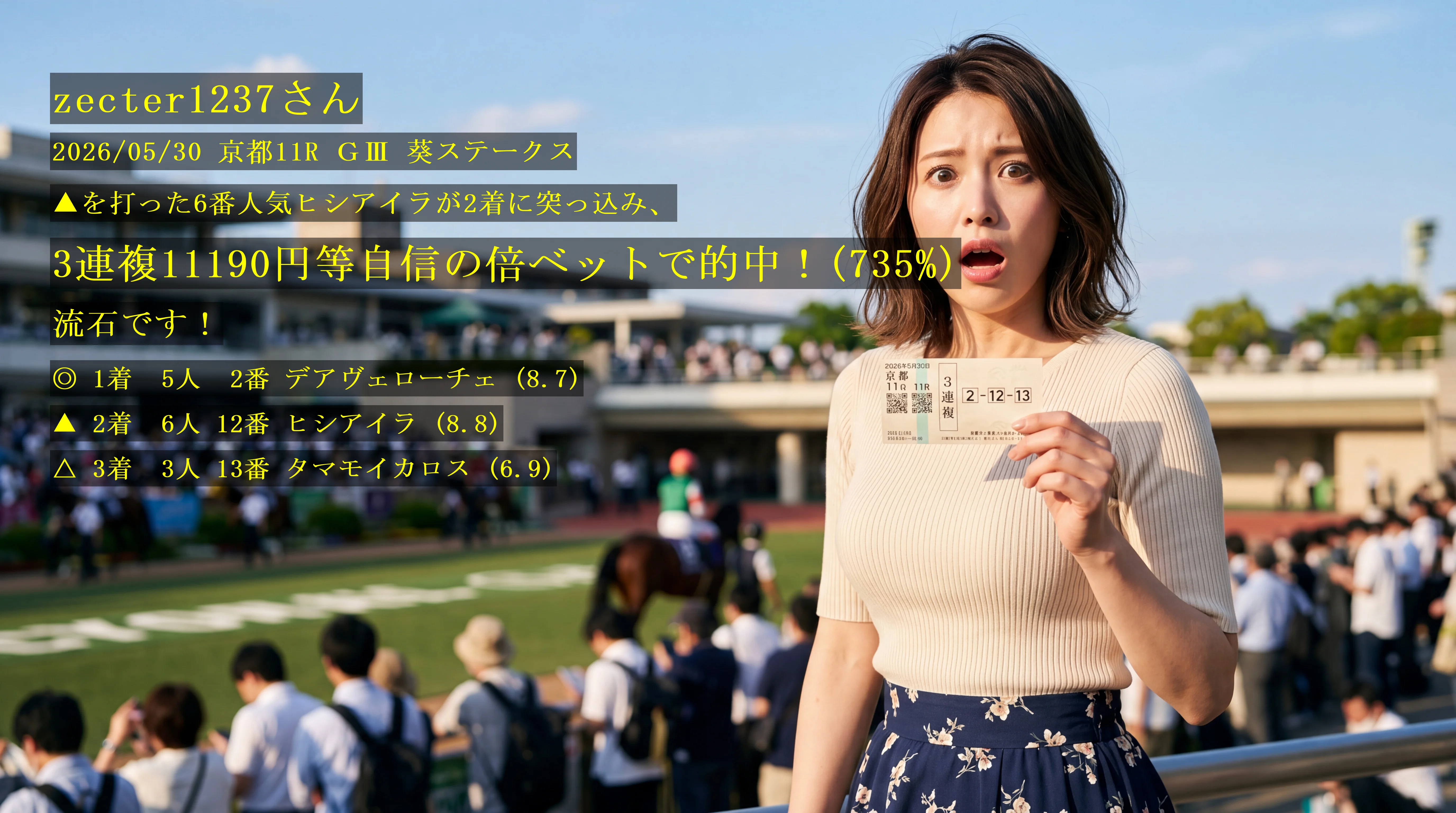 zecter1237さん2026/05/30&nbsp;京都11R的中 735%回収